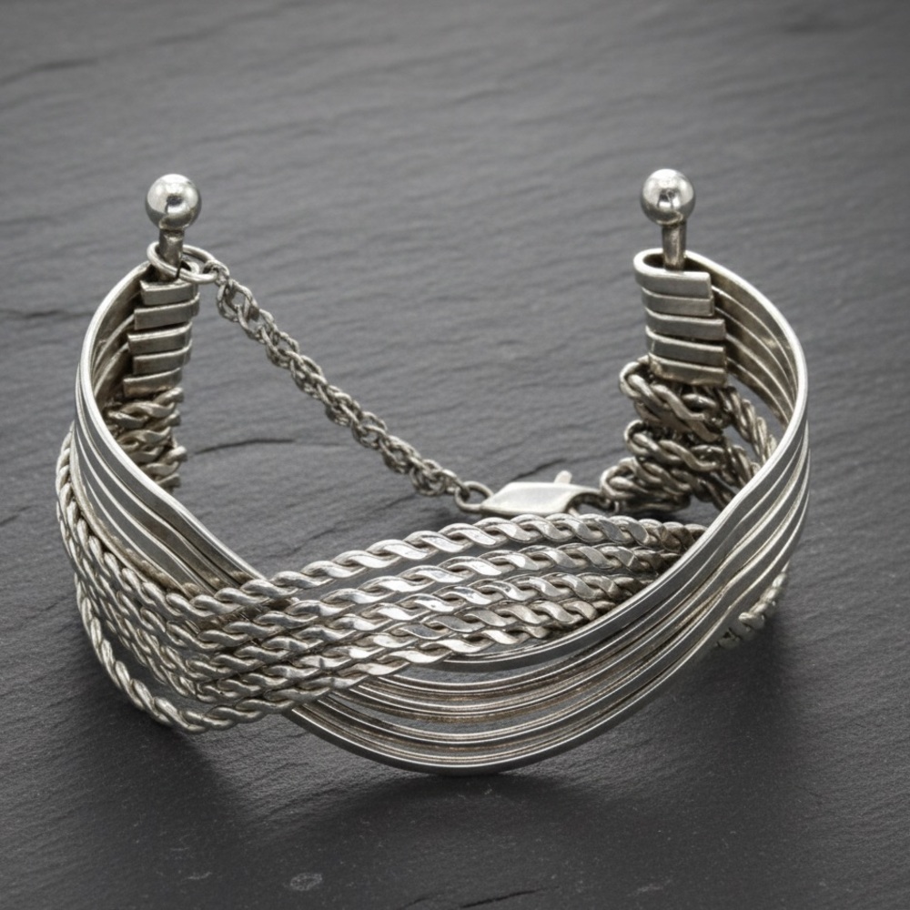 VTG Sterling Silver Interlocking Cuff Bracelet 10 Strands Twisted Rope Cable 40g